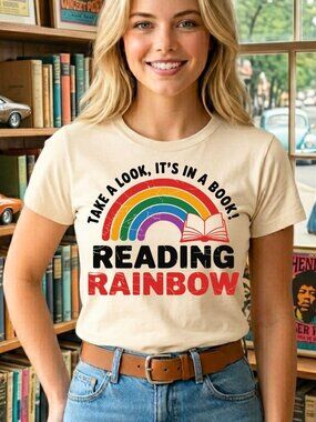 Reading Rainbow Retro Graphic Tee Cream Book Lover 90s Nostalgia Bibliophile Top
